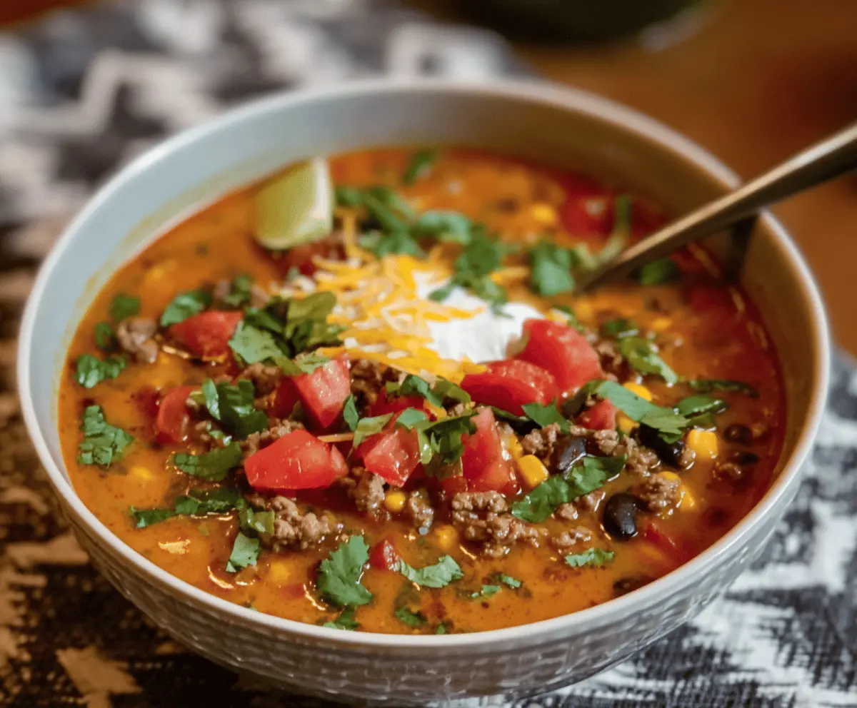 Delicious and hearty Taco Soup with ground beef, beans, corn, tomatoes, and fresh toppings in a bowl, perfect for a comforting meal.