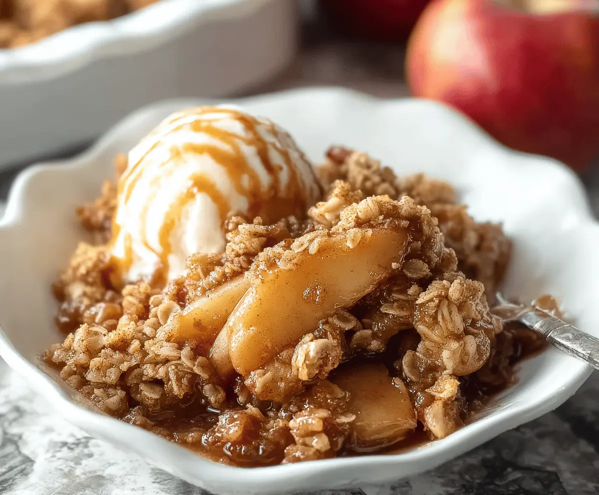 Delicious homemade apple crisp topped with golden brown crumble, served with a scoop of vanilla ice cream on a rustic plate, perfect for fall desserts.