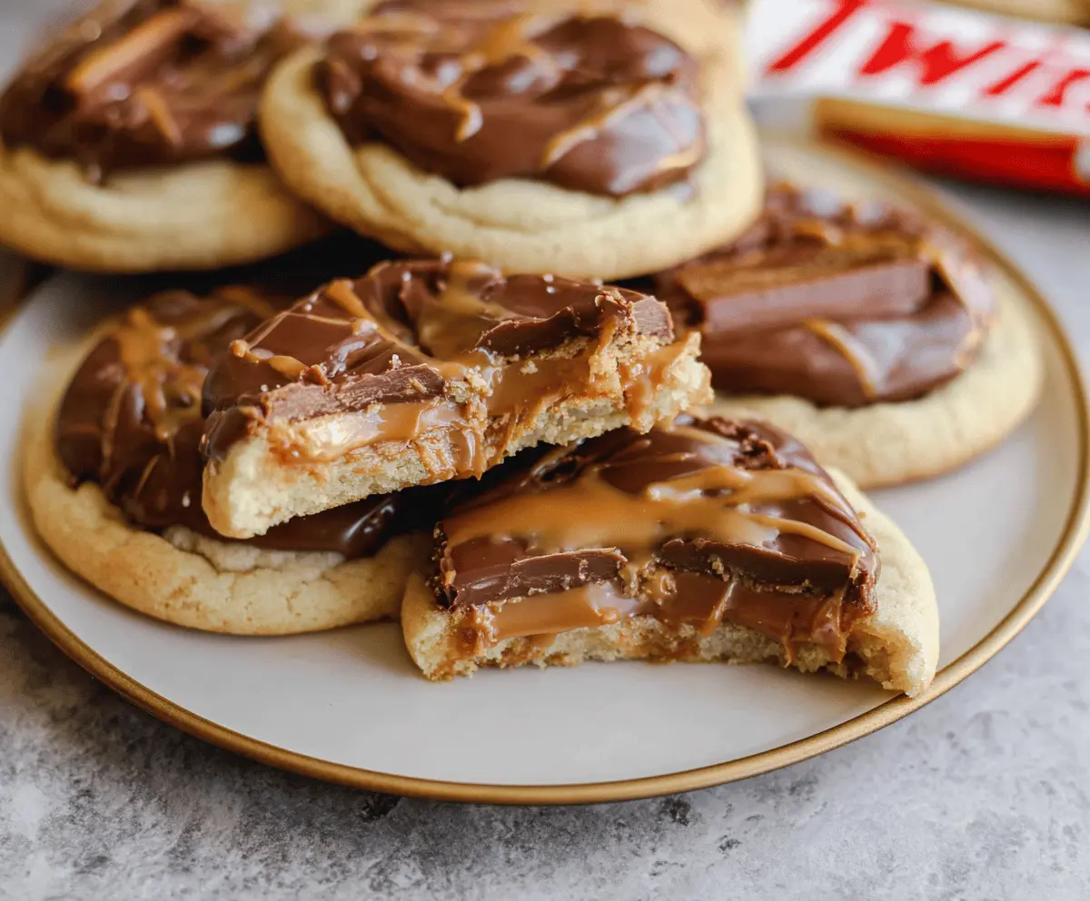 Delicious Ultimate Twix Cookies featuring gooey caramel, crunchy cookie base, and smooth chocolate coating, perfect for dessert lovers