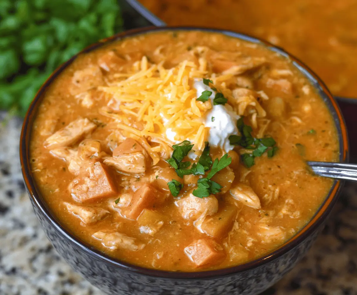 Creamy white cheddar apple chicken chili topped with fresh herbs and diced apples in a bowl, perfect for a hearty fall meal.