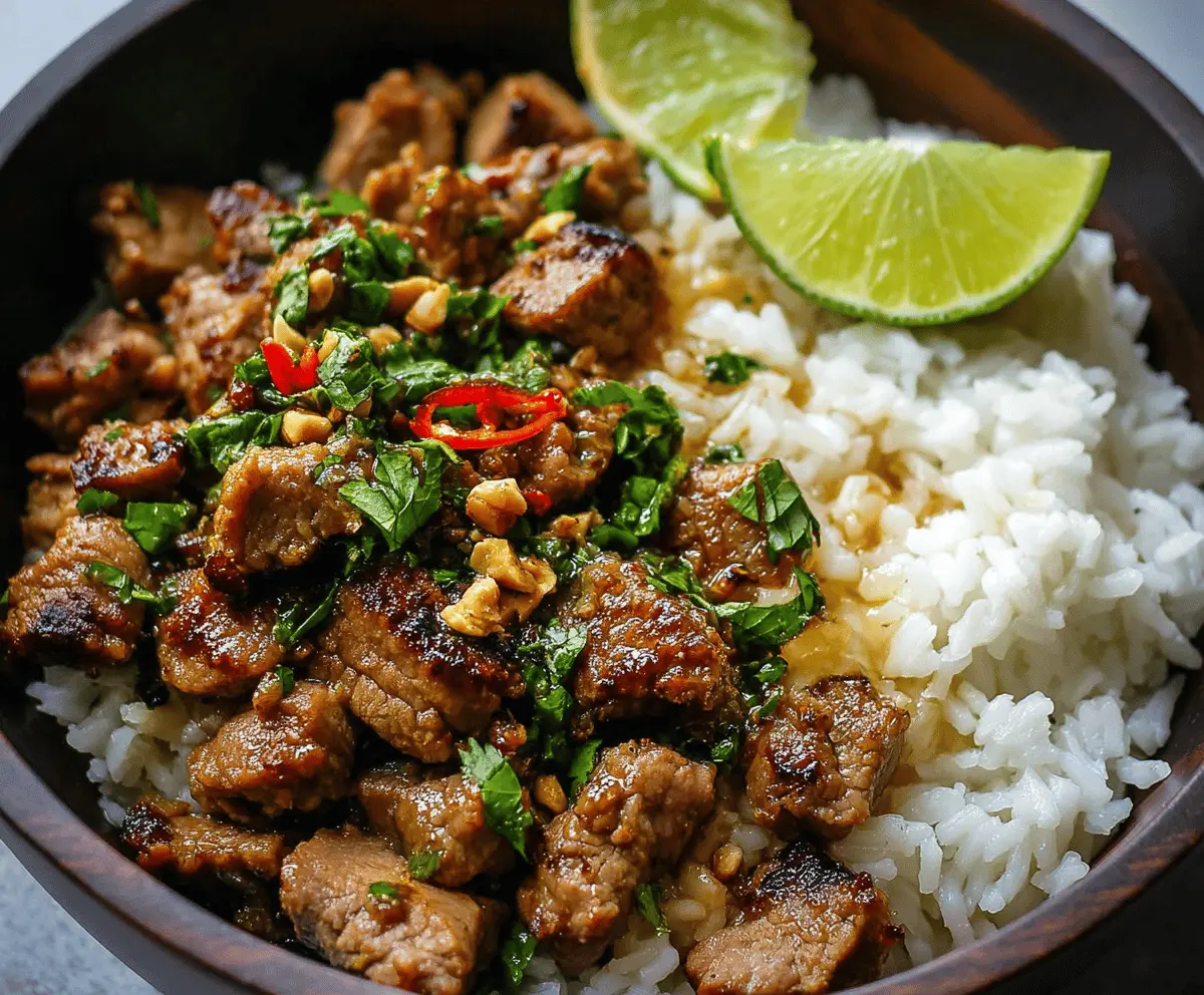 Delicious Zesty Ginger Lime Pork served with creamy coconut rice, garnished with fresh herbs and lime wedges for a flavorful tropical-inspired meal.