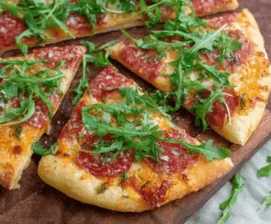 Fresh arugula and sliced salami topping a homemade pizza crust, ready to be enjoyed.