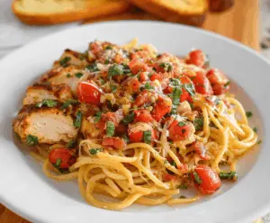 Delicious Bruschetta Chicken Pasta served with fresh tomatoes, basil, and melted cheese on pasta noodles