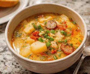 Creamy Cajun Potato Soup served in a bowl with fresh herbs and garnishes, perfect for a spicy, comforting meal.