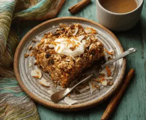 Delicious carrot cake baked oatmeal topped with walnuts and cream cheese frosting, perfect for a healthy breakfast or snack.