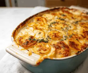 Delicious cheesy scalloped potatoes baked to golden perfection with melted cheese and creamy sauce, ready to serve as a comforting side dish.