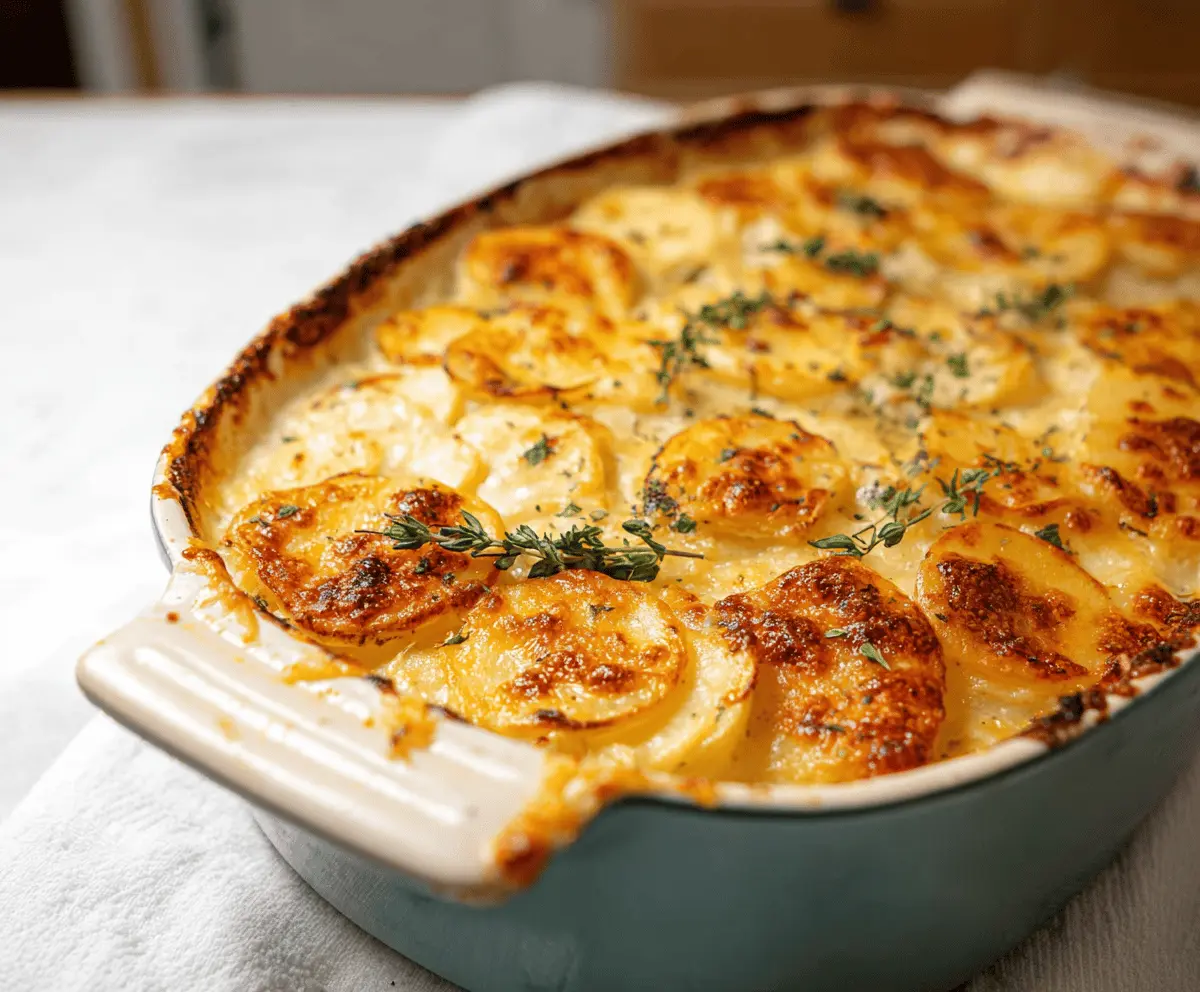 Delicious cheesy scalloped potatoes baked to golden perfection with melted cheese and creamy sauce, ready to serve as a comforting side dish.