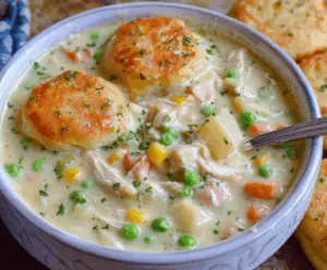 Creamy chicken pot pie soup garnished with herbs and flaky pastry crust, served in a bowl for a comforting meal.