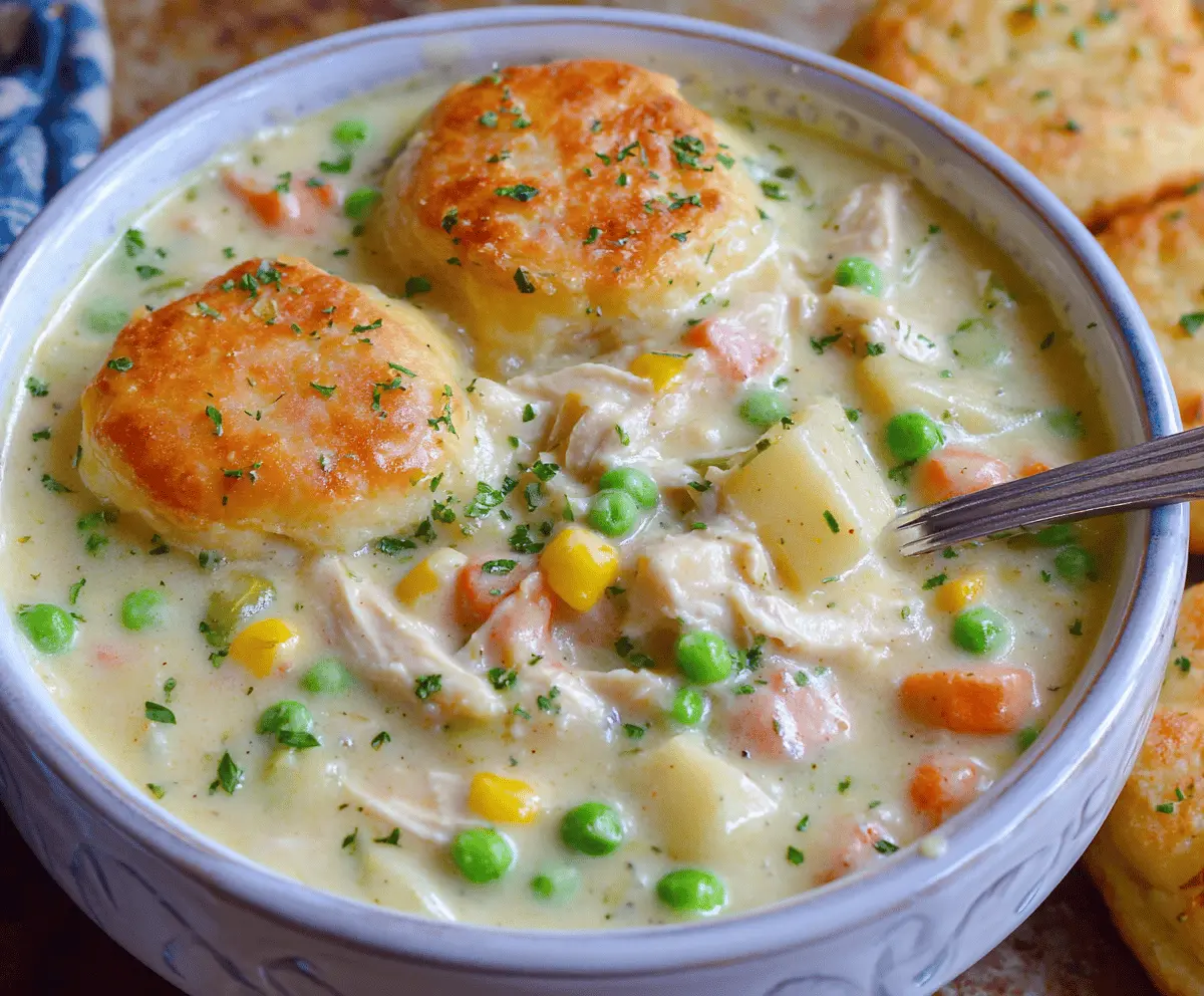 Creamy chicken pot pie soup garnished with herbs and flaky pastry crust, served in a bowl for a comforting meal.