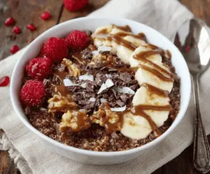 Healthy Chunky Monkey Quinoa Breakfast Bowl topped with sliced bananas, walnuts, and cacao nibs, featuring a creamy peanut butter drizzle on a vibrant breakfast plate.
