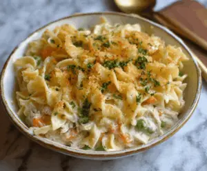 Delicious classic chicken noodle casserole in a baking dish topped with golden breadcrumbs.