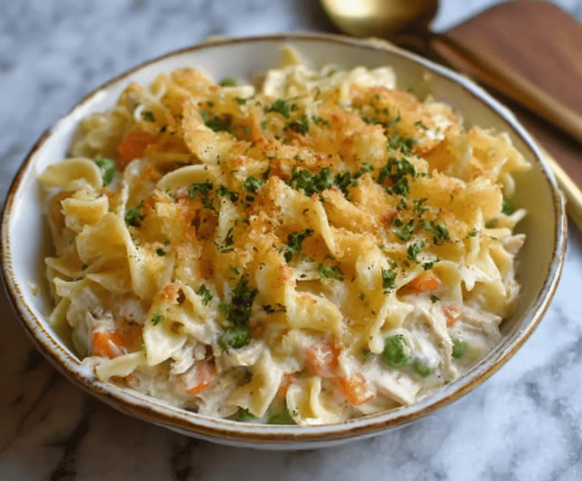 Delicious classic chicken noodle casserole in a baking dish topped with golden breadcrumbs.