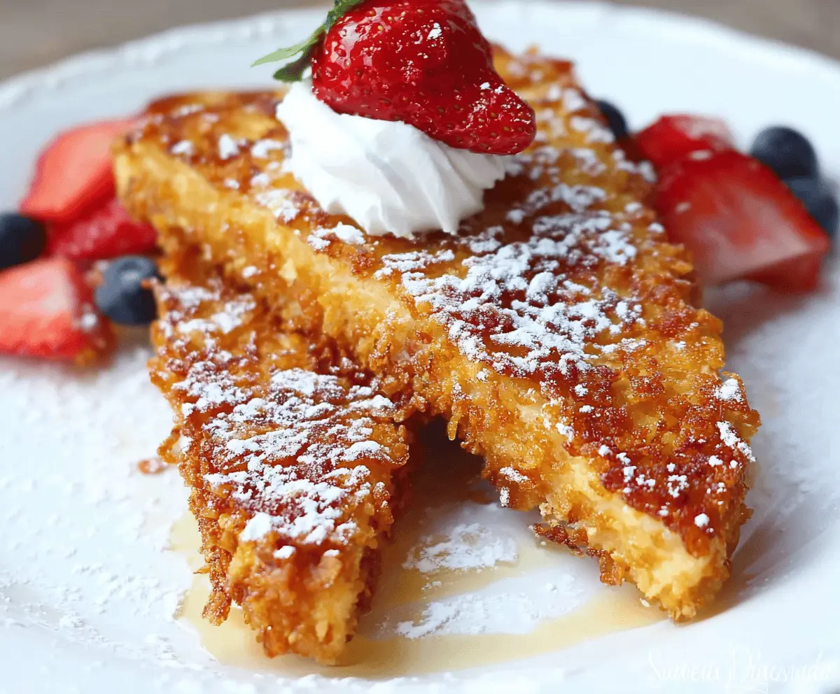 Golden cornflake crusted French toast topped with fresh berries and maple syrup, served on a white plate for a delicious breakfast.