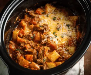 Delicious Cozy Crock Pot Million Dollar casserole in a serving dish, featuring layers of melted cheese, savory beef, and crispy toppings ready to enjoy.