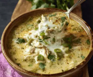 Creamy Green Enchiladas Chicken Soup in a bowl topped with shredded cheese, cilantro, and lime wedge, served with tortilla chips