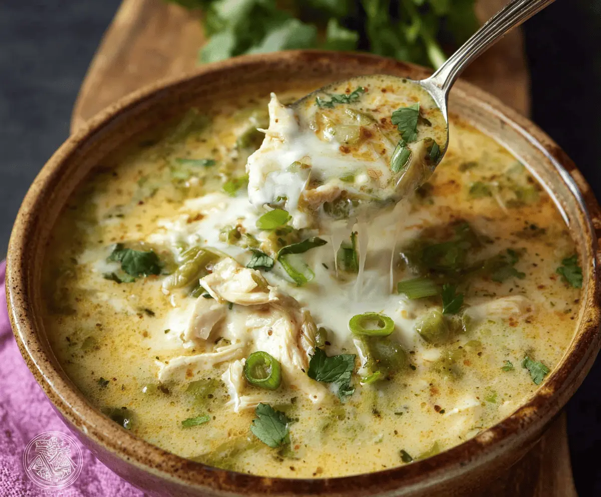 Creamy Green Enchiladas Chicken Soup in a bowl topped with shredded cheese, cilantro, and lime wedge, served with tortilla chips