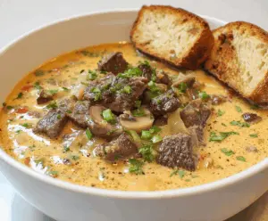 Creamy Philly Cheese Steak Soup served in a bowl with melted cheese, sliced steak, and fresh herbs, perfect for a comforting meal.