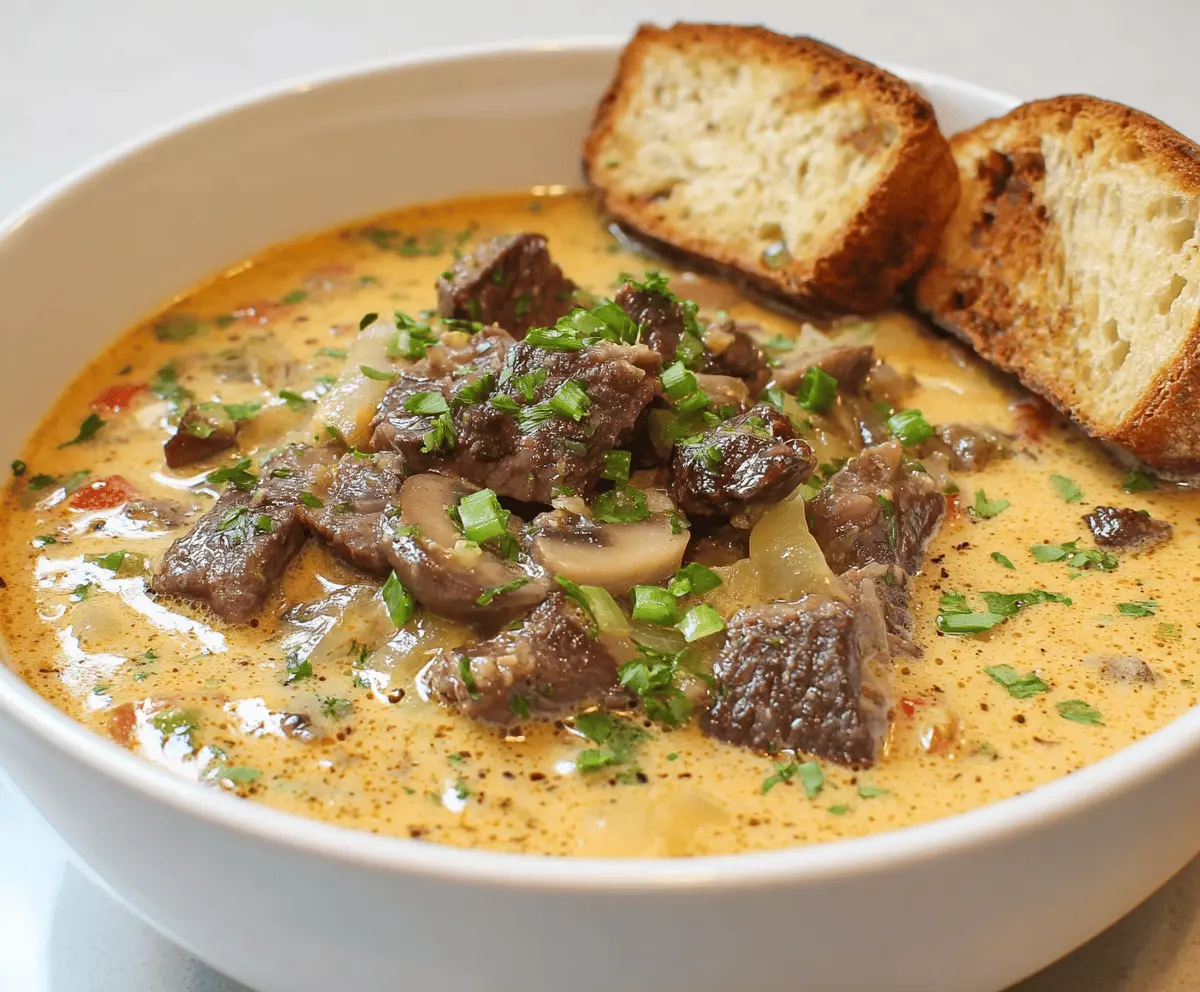 Creamy Philly Cheese Steak Soup served in a bowl with melted cheese, sliced steak, and fresh herbs, perfect for a comforting meal.