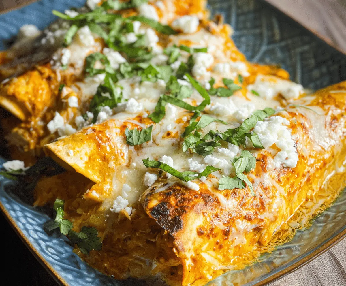 Creamy pumpkin chicken enchiladas topped with melted cheese and fresh cilantro on a plate, served with a side of salsa and sour cream