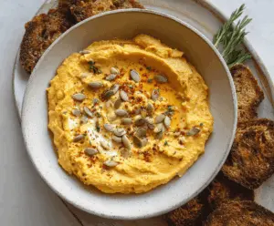 Creamy Pumpkin Whipped Feta Dip served in a bowl with fresh herbs and crackers, perfect for fall appetizers