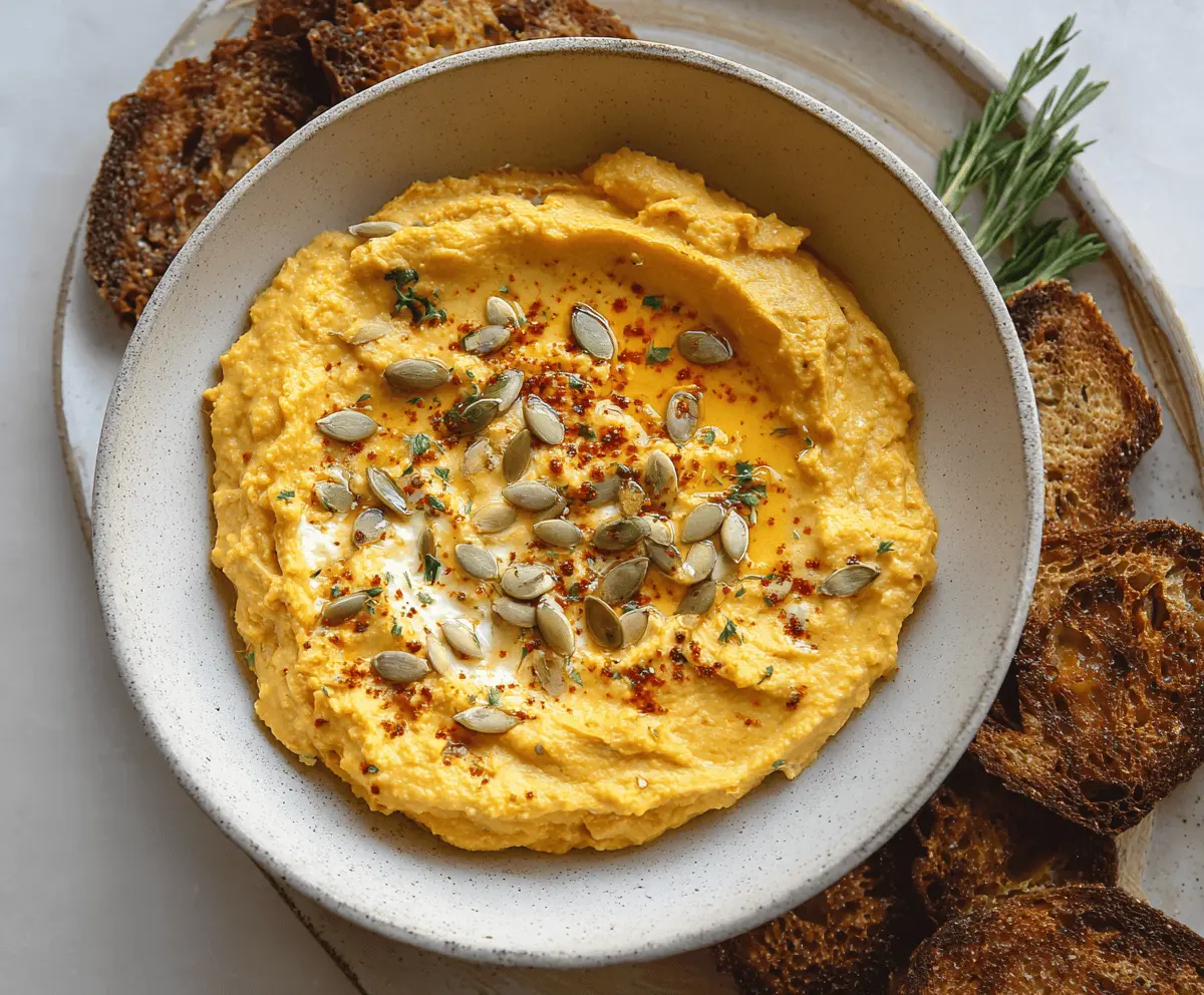 Creamy Pumpkin Whipped Feta Dip served in a bowl with fresh herbs and crackers, perfect for fall appetizers
