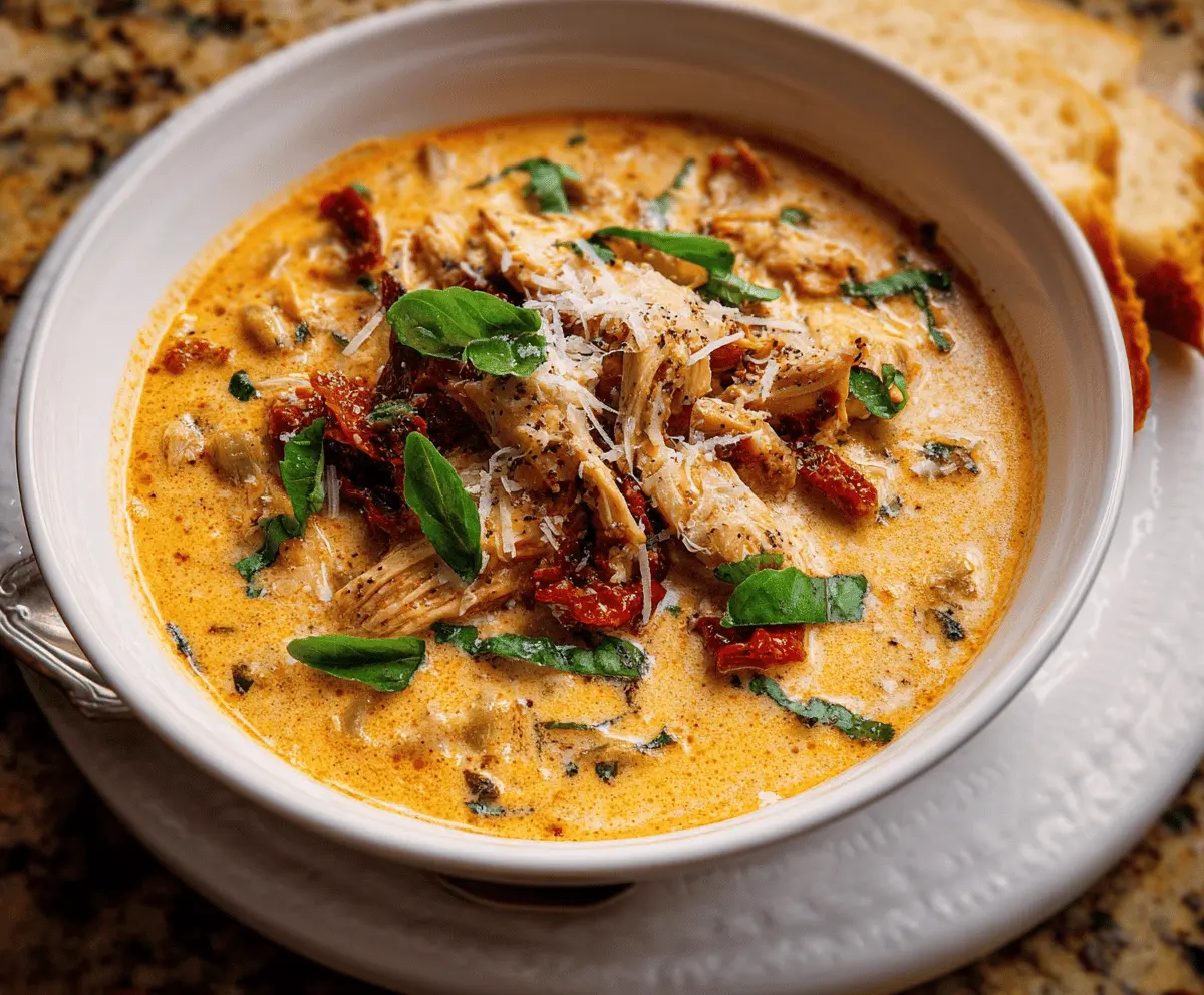A bowl of creamy sun-dried tomato chicken soup garnished with fresh herbs and served with crusty bread, showcasing a rich and flavorful savory dish.