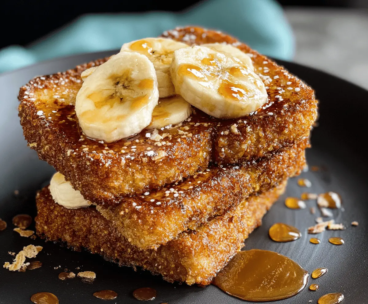 Golden crispy banana French toast topped with fresh banana slices and powdered sugar on a white plate, perfect for breakfast or brunch.