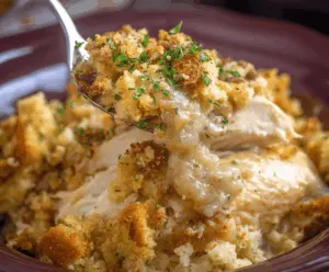 Delicious Crock Pot Chicken and Stuffing served in a bowl, featuring tender shredded chicken, savory stuffing, and fresh herbs, perfect for a comforting home-cooked meal.