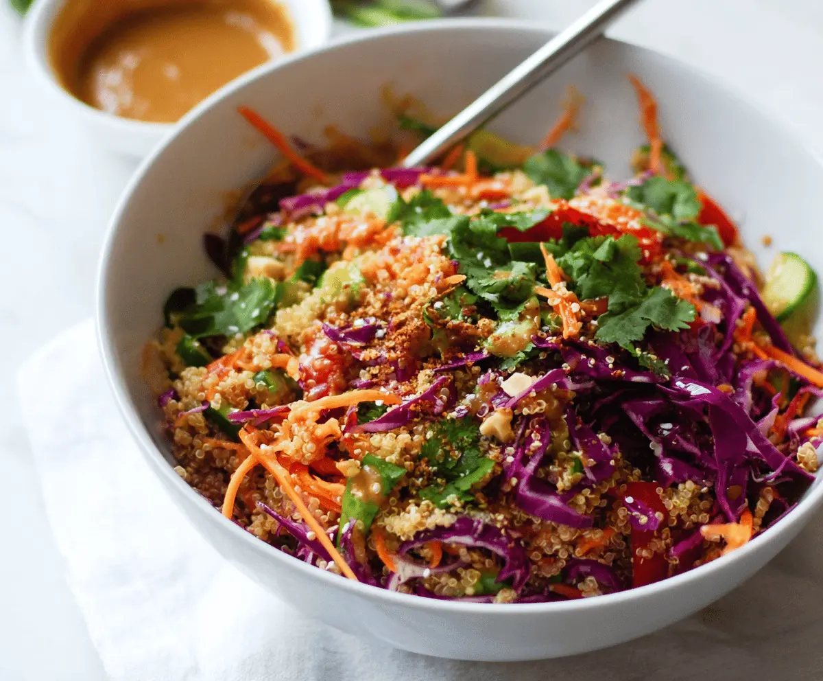 Colorful Crunchy Thai Quinoa Salad with Fresh Vegetables and Peanut Dressing on a Plate