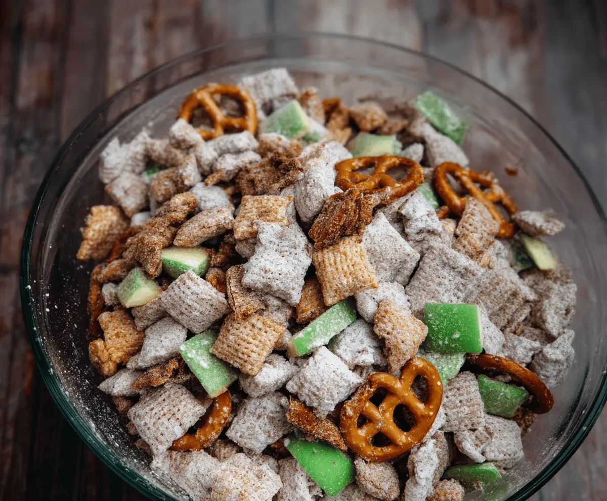 Delicious easy caramel apple puppy chow recipe with colorful apple pieces, chocolate coating, and crunchy cereal in a serving bowl