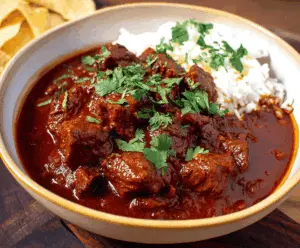 Delicious Easy Chili Colorado Inspired Stew with tender beef, rich red chili sauce, and vibrant vegetables in a bowl
