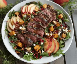 Fresh Fall Harvest Steak Salad featuring grilled steak, mixed greens, roasted pumpkins, cranberries, and walnuts on a rustic plate.