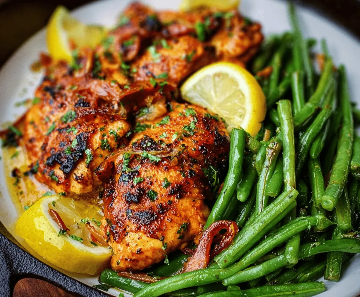 Juicy garlic butter chicken served with fresh green beans on a white plate, garnished with herbs, perfect for a flavorful and healthy meal.