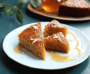 Delicious Greek Honey Cake topped with honey drizzle and walnuts, ready to serve