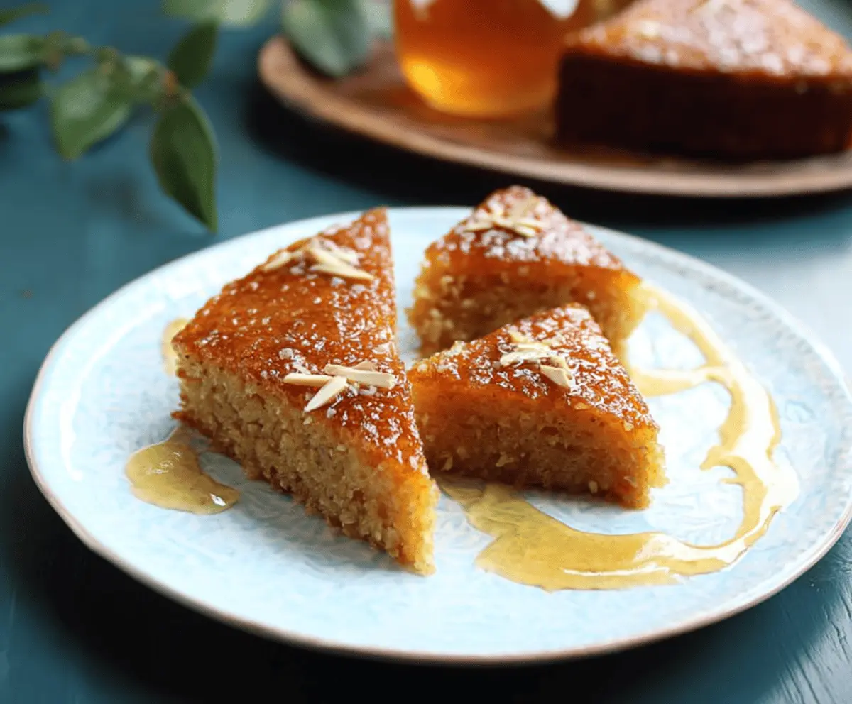 Delicious Greek Honey Cake topped with honey drizzle and walnuts, ready to serve