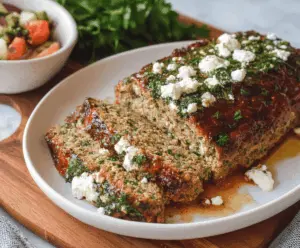 Delicious Greek-Style Keto Meatloaf garnished with fresh herbs and lemon slices, perfect for low-carb, high-protein meals.