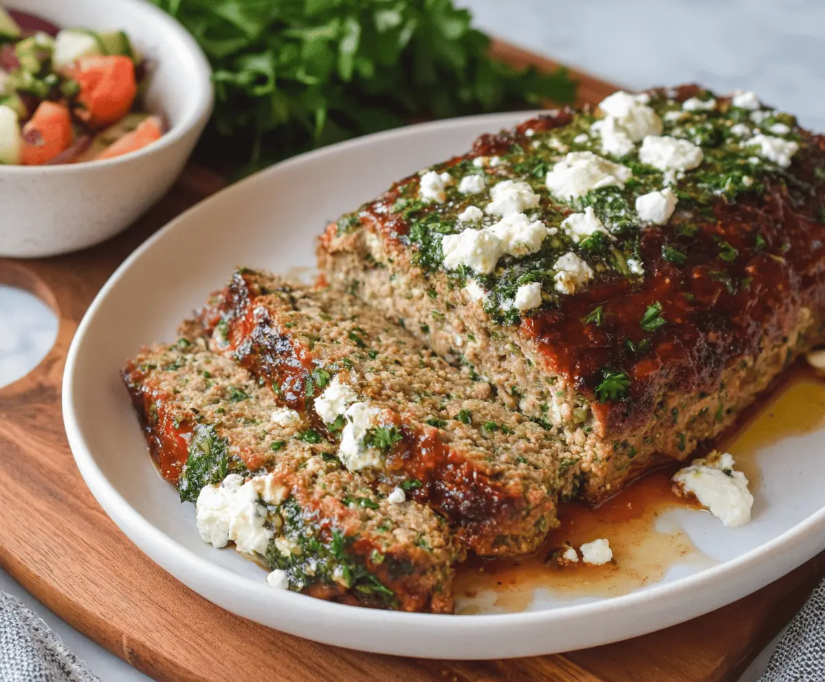 Delicious Greek-Style Keto Meatloaf garnished with fresh herbs and lemon slices, perfect for low-carb, high-protein meals.