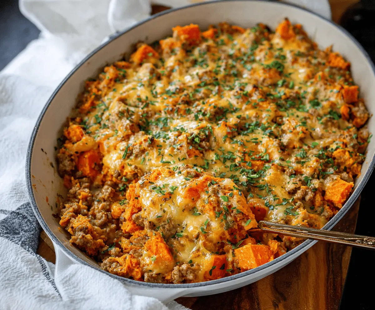 Ground turkey and sweet potato casserole topped with melted cheese, served in a baking dish for a healthy, savory meal