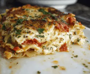 Delicious homemade sun-dried tomato lasagna with melted cheese, fresh herbs, and rich tomato sauce on a rustic baking dish