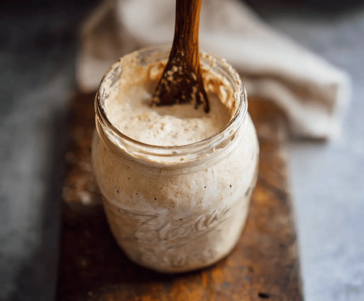A step-by-step photo guide showing how to make a healthy sourdough starter with flour and water in a glass jar for homemade bread baking.