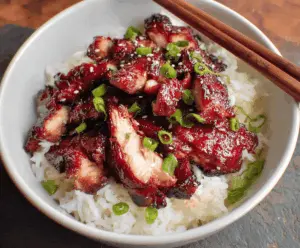 Delicious Char Siu Chicken with glossy glaze and vibrant red color, prepared with 10-minute prep, perfect for quick Asian-inspired dinners