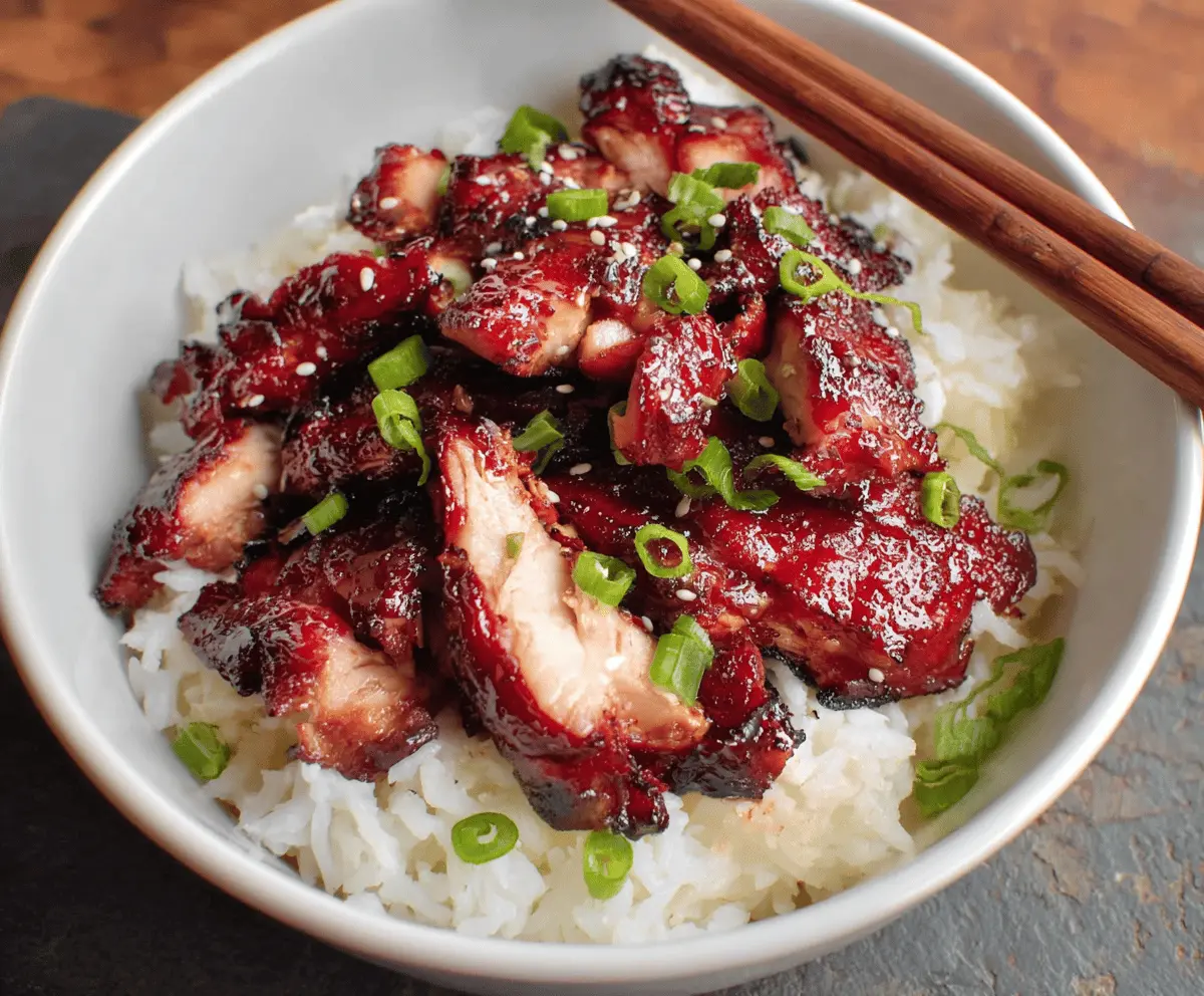 Delicious Char Siu Chicken with glossy glaze and vibrant red color, prepared with 10-minute prep, perfect for quick Asian-inspired dinners