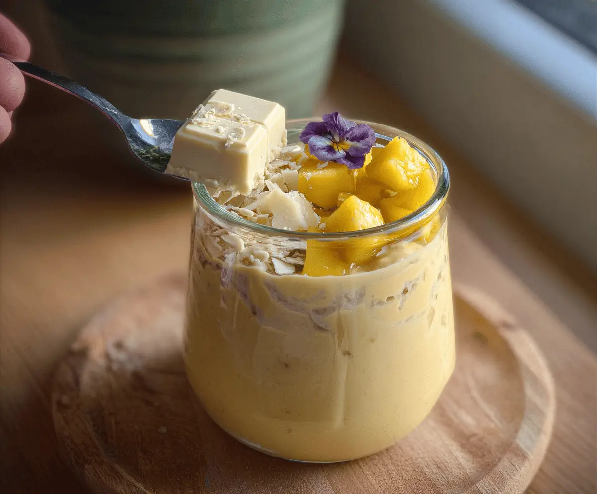 Creamy mango blended oats topped with a smooth white chocolate shell, served as a refreshing and healthy breakfast treat.