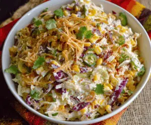 Creamy Mexican Corn Coleslaw with colorful shredded vegetables and fresh herbs, perfect as a flavorful side dish or topping