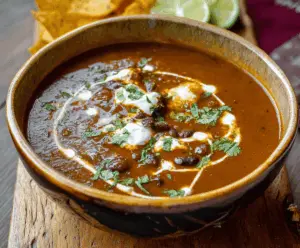 A steaming bowl of Mexican-style black bean soup garnished with fresh cilantro, diced onions, and a squeeze of lime, served with tortilla chips on the side.