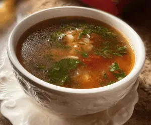 Healthy Negative Calorie Soup aka Ballerina Soup in a bowl with fresh vegetables and herbs.