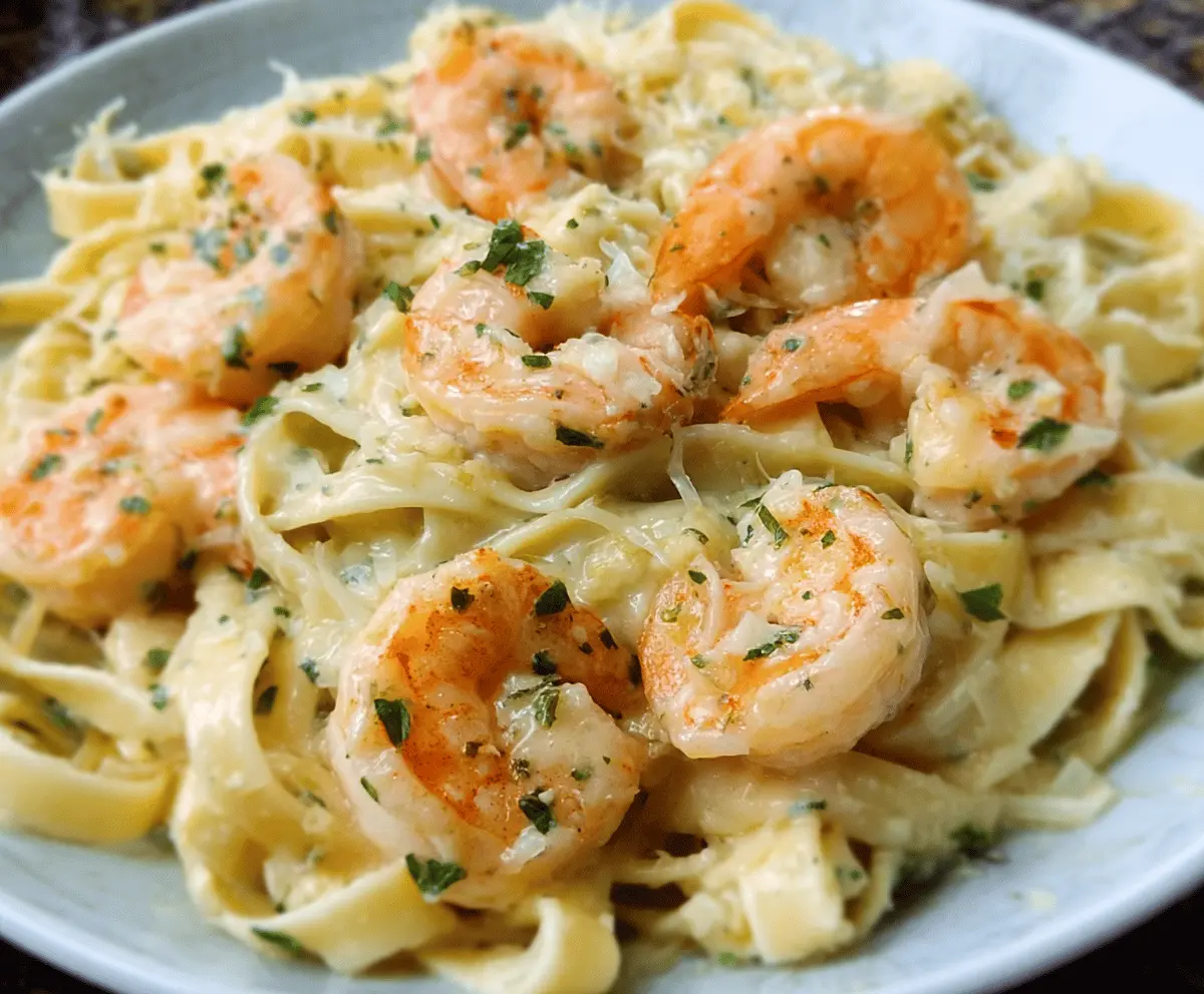 Creamy Olive Garden Shrimp Alfredo served over fettuccine pasta with fresh herbs and parmesan cheese