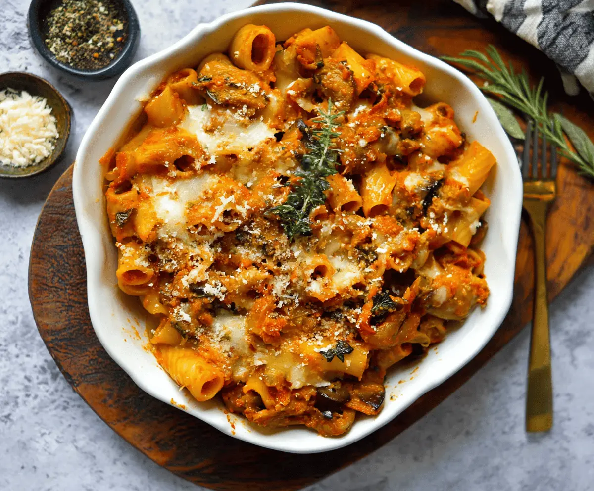 Delicious pasta bake topped with pumpkin tomato sauce and melted cheese, served hot on a plate.