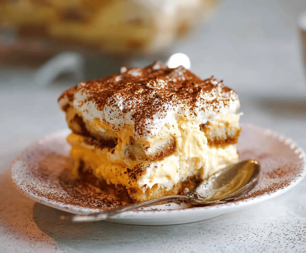 Delicious Pumpkin Chai Tiramisu served in a glass dish with layers of creamy mascarpone, spiced pumpkin, and chai-flavored ladyfingers, perfect for fall desserts.