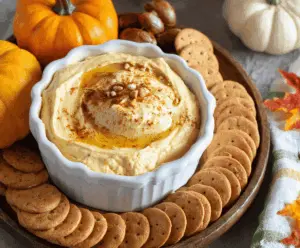 Creamy pumpkin cream cheese dip topped with whipped cream and cinnamon, served with cookies and crackers for a festive fall appetizer.
